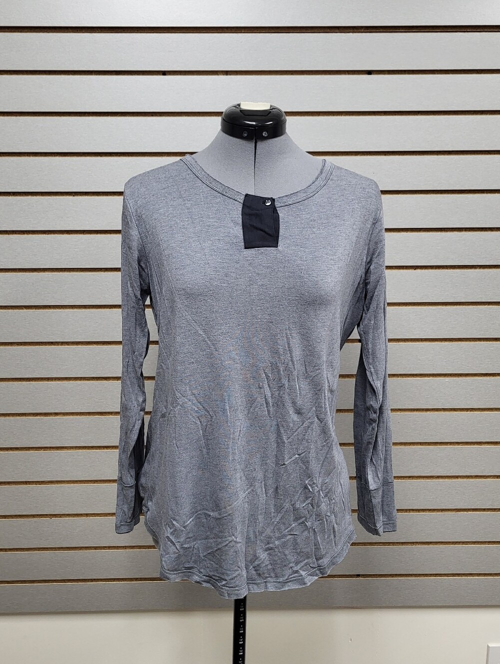 Gray Long Sleeve Top with Black Button Placket Detail